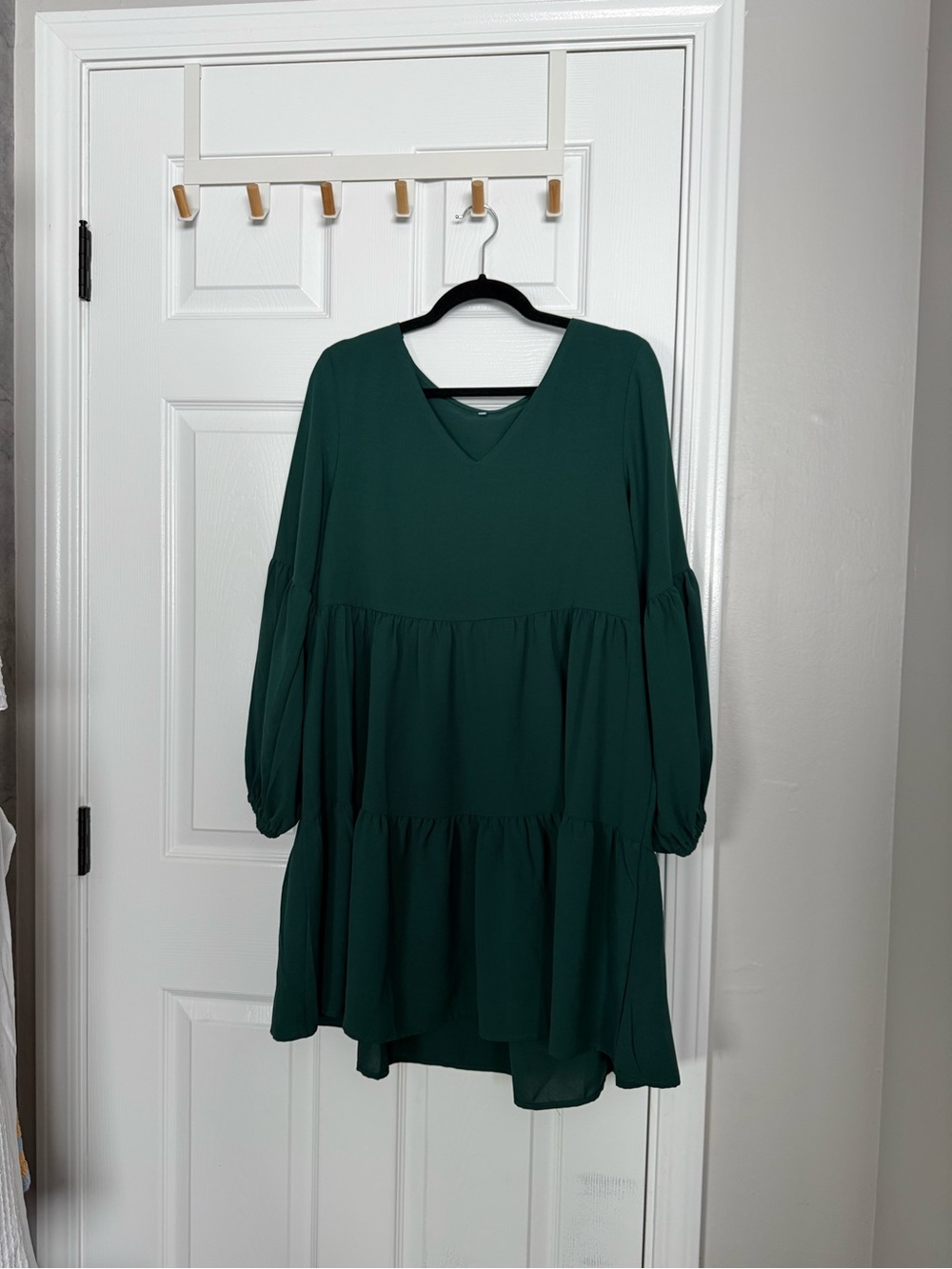 Forest Green Tiered Mini Dress Puff Balloon Sleeve V-Neck Flowy Size M